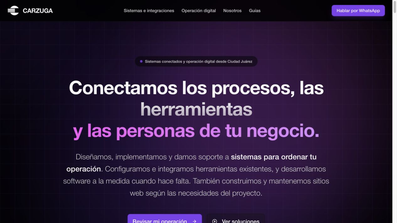 Captura del sitio público Carzuga, con su mensaje de sistemas y operación digital